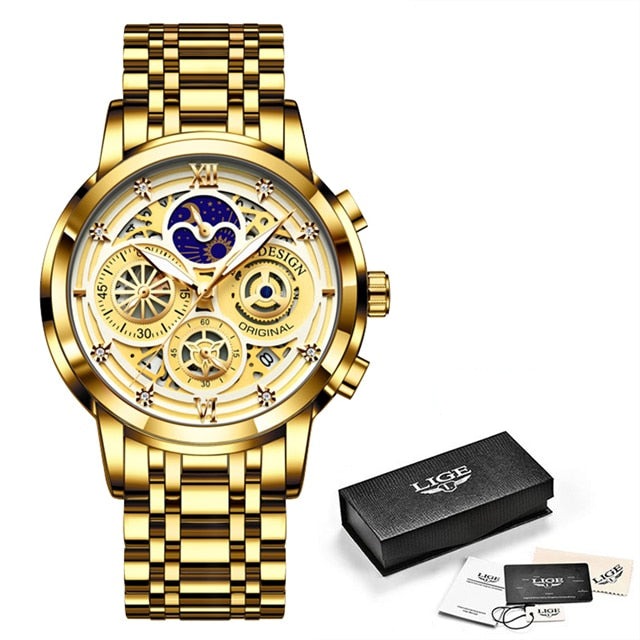 Relógio de aço inoxidável feminino LIGE em dourado com mostrador sofisticado e detalhes brilhantes