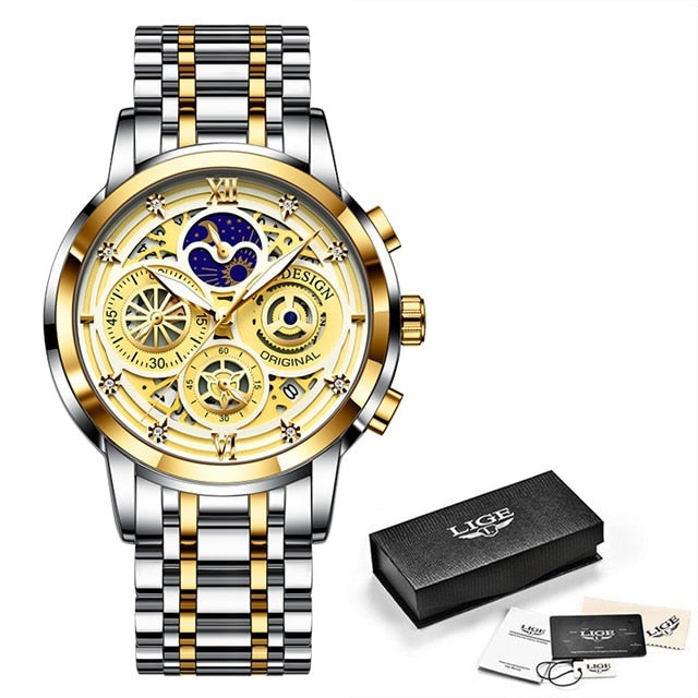 Relógio de aço inoxidável feminino LIGE com design elegante e mostrador dourado, ideal para ocasiões especiais