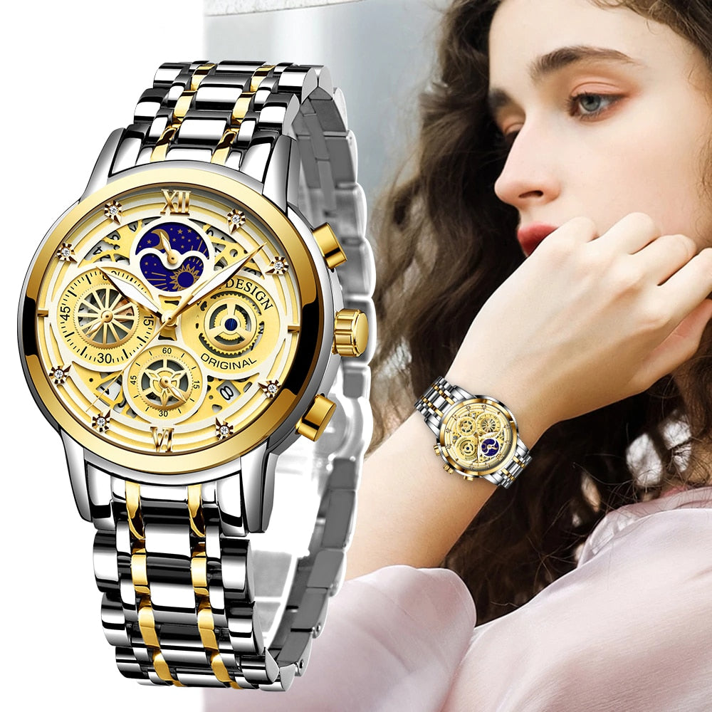 Relógio de aço inoxidável feminino LIGE com mostrador dourado e detalhes elegantes, ideal para ocasiões especiais