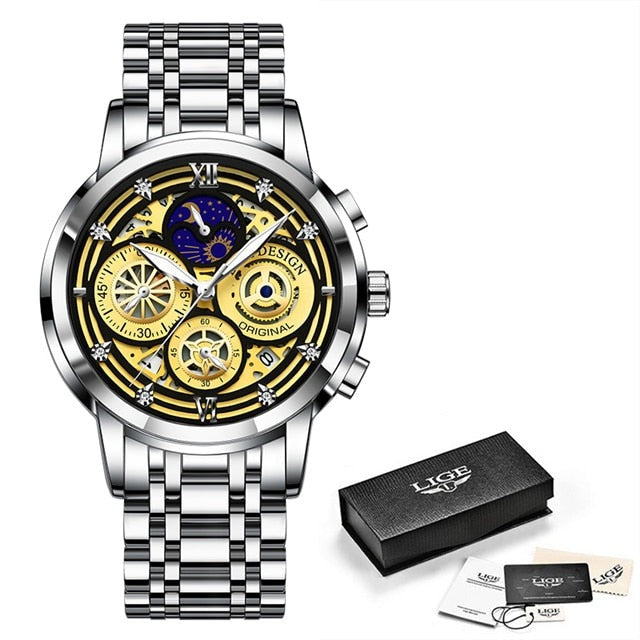 Relógio de aço inoxidável feminino LIGE com mostrador dourado e pulseira metálica elegante