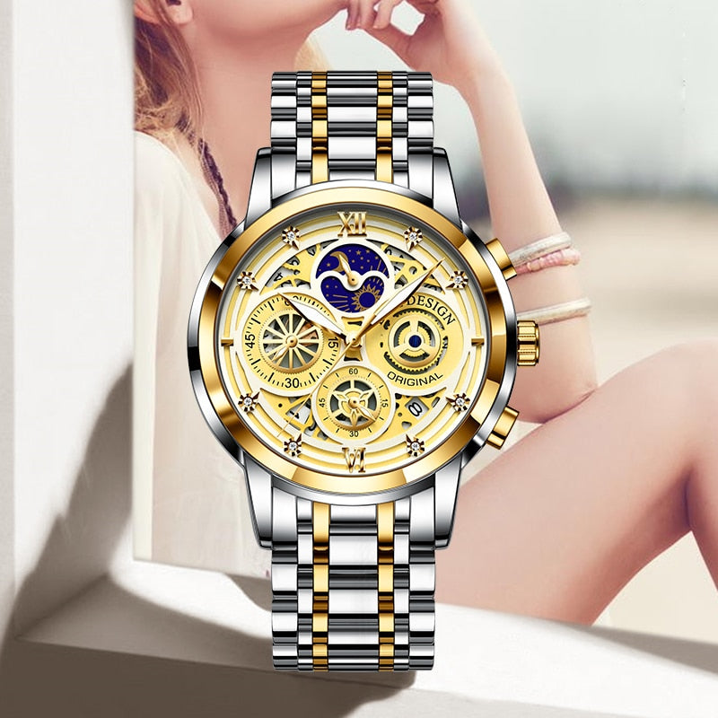Relógio de aço inoxidável feminino LIGE com design elegante em dourado e prateado e mostrador detalhado