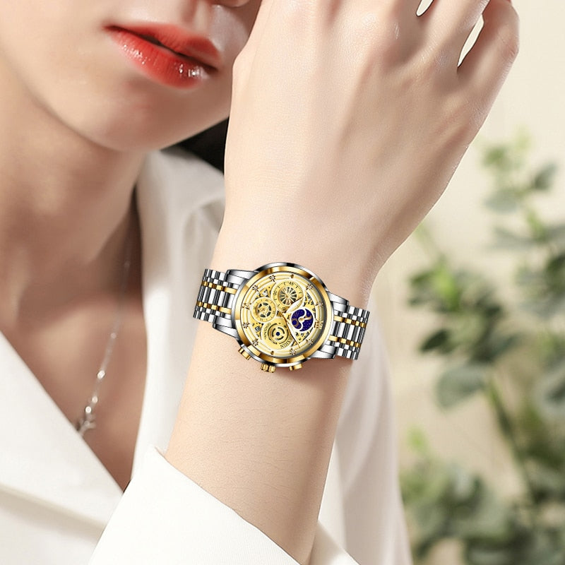 Relógio de aço inoxidável feminino LIGE com design sofisticado e mostrador detalhado em fundo dourado