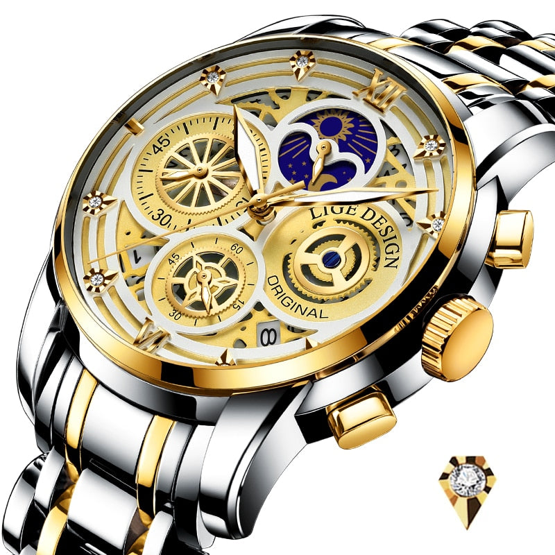 Relógio de pulso feminino LIGE com design elegante em aço inoxidável feminino e mostrador dourado