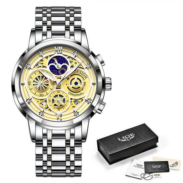 Relógio de aço inoxidável feminino LIGE com mostrador amarelo e detalhes em strass