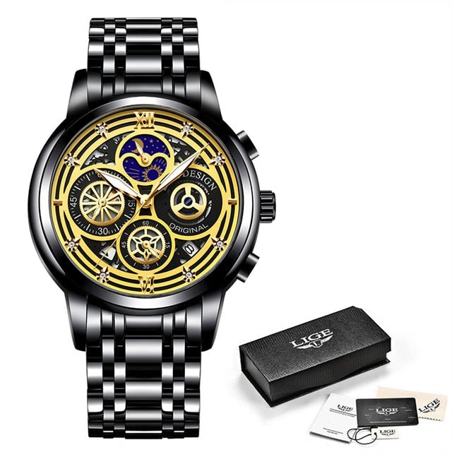 Relógio de aço inoxidável feminino LIGE com design sofisticado e mostrador transparente em preto e dourado