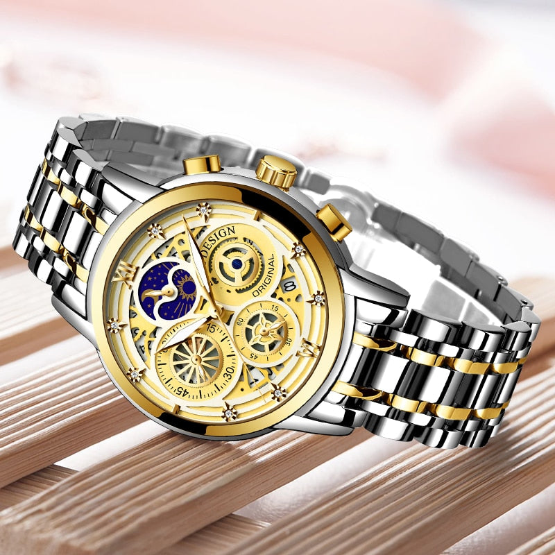 Relógio de aço inoxidável feminino LIGE com mostrador dourado e detalhes elegantes para uso diário