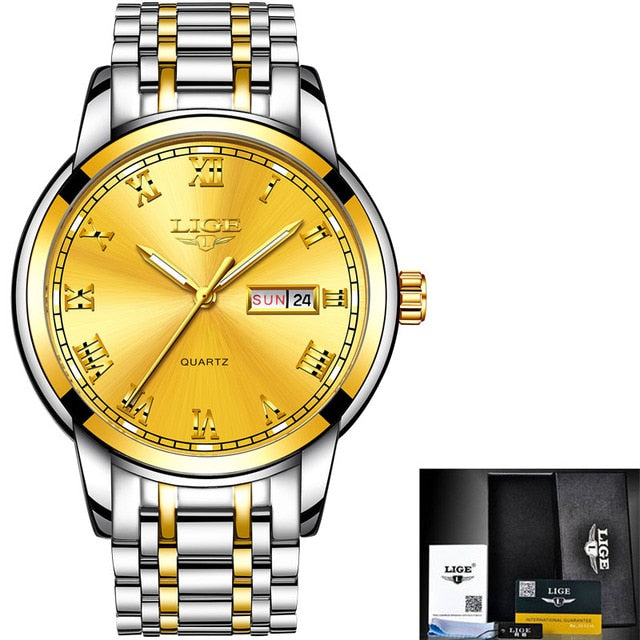Relógio de ouro em aço inoxidável LIGE com mostrador dourado e pulseira metálica elegante