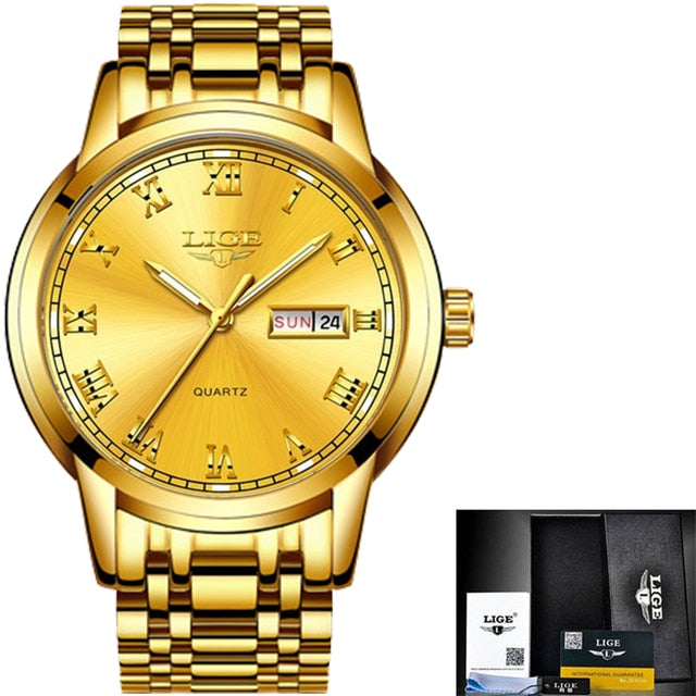Relógio de ouro em aço inoxidável LIGE com mostrador dourado e data, ideal para mulheres elegantes