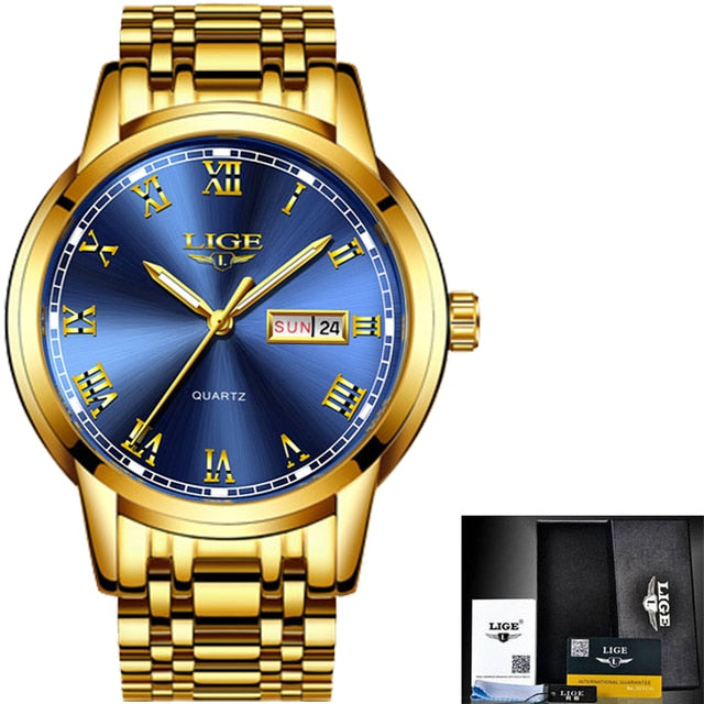 Relógio de ouro em aço inoxidável LIGE com mostrador azul e detalhes em dourado, ideal para mulheres elegantes