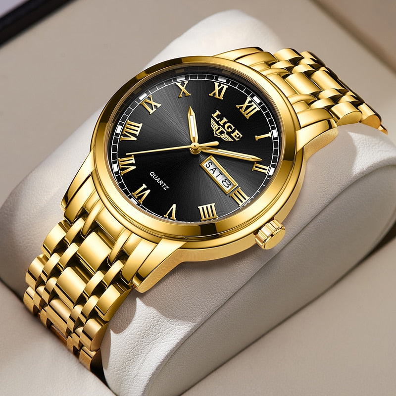 Relógio de ouro em aço inoxidável LIGE com mostrador preto e pulseira elegante para mulheres modernas
