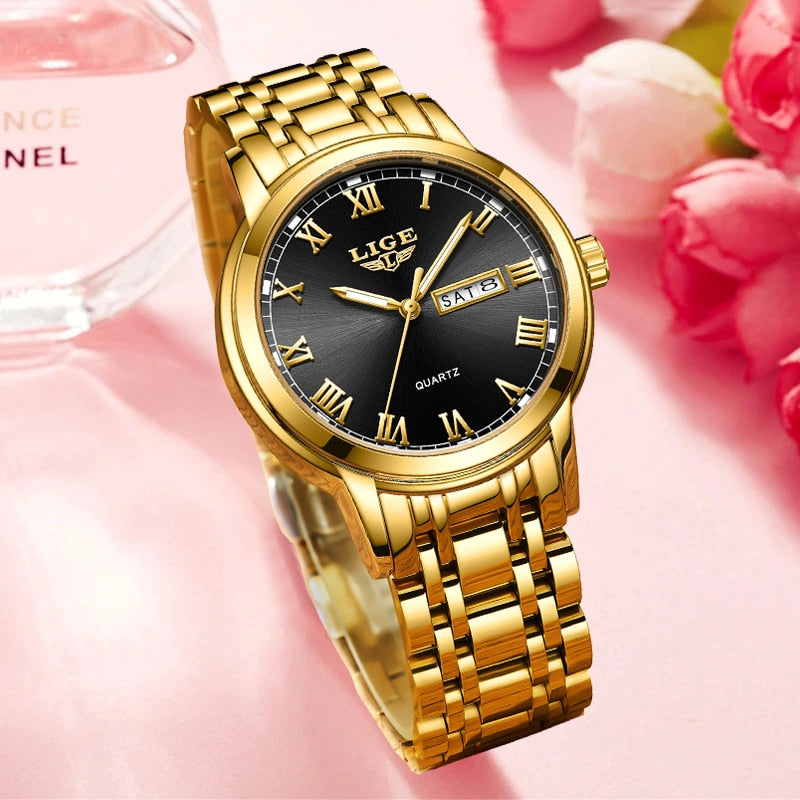 Relógio de ouro em aço inoxidável LIGE com mostrador preto e bracelete elegante para mulheres