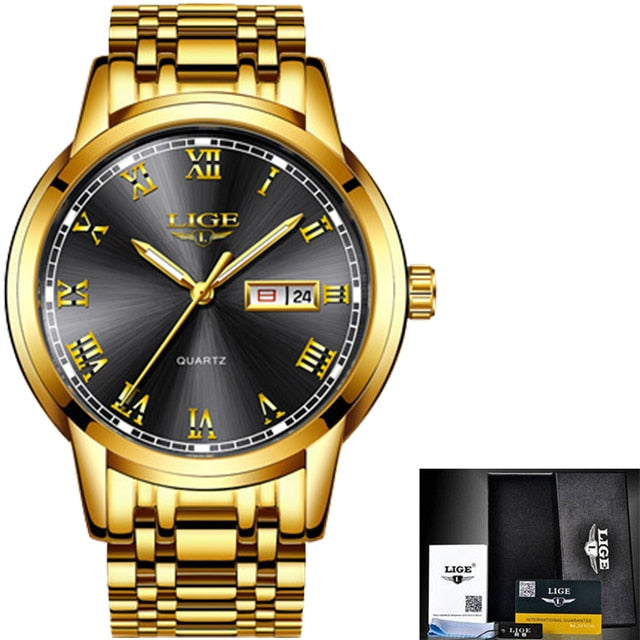 Relógio de ouro em aço inoxidável LIGE com mostrador preto e bracelete elegante para mulheres modernas