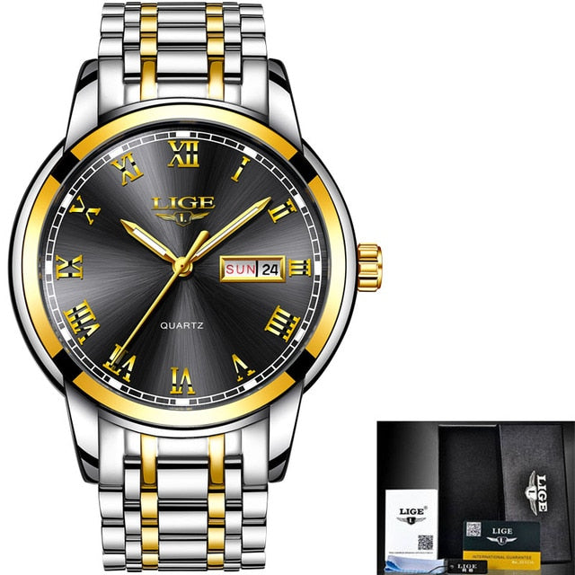 Relógio de ouro em aço inoxidável LIGE feminino com mostrador preto e detalhes dourados