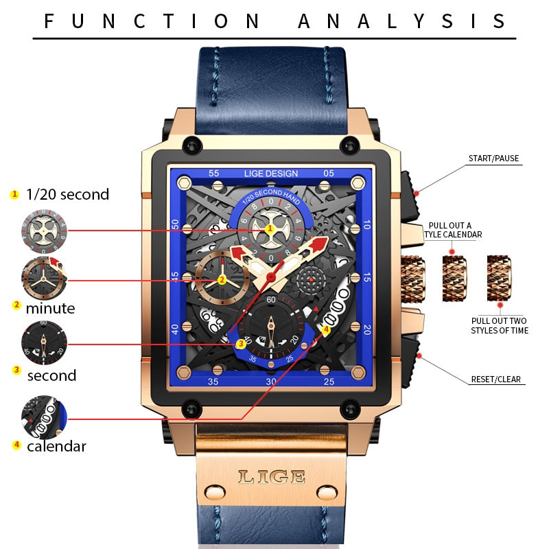 Relógio de pulso masculino luxo LIGE com design sofisticado e funções analíticas avançadas