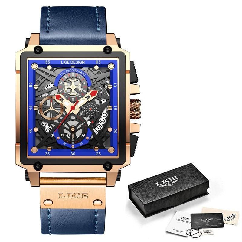 Relógio de pulso masculino luxo LIGE com design quadrado, mostrador azul e pulseira de couro azul