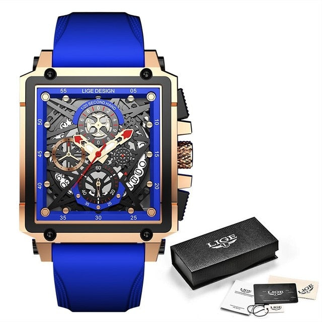 Relógio de pulso masculino luxo LIGE com design quadrado e detalhes em azul vibrante
