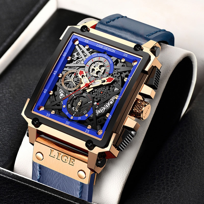 Relógio de pulso masculino luxo LIGE com design sofisticado e mostrador exibindo detalhes em azul e preto