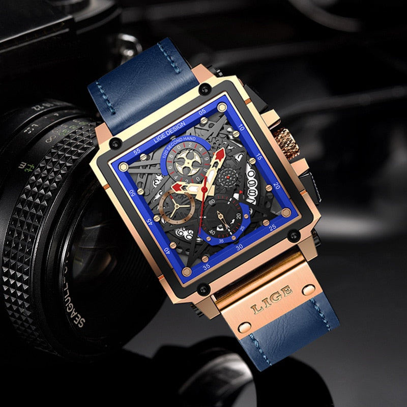 Relógio de pulso masculino luxo LIGE com design sofisticado e pulseira de couro azul