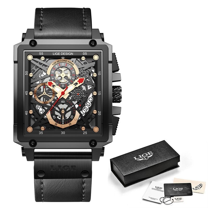 Relógio de pulso masculino luxo LIGE com design sofisticado e detalhes em preto e ouro