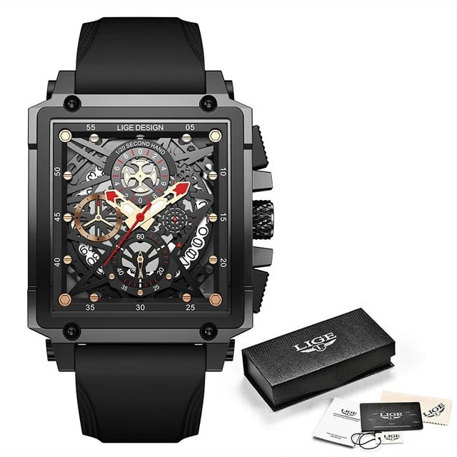 Relógio de pulso masculino luxo LIGE com design moderno e pulseira de silicone preta
