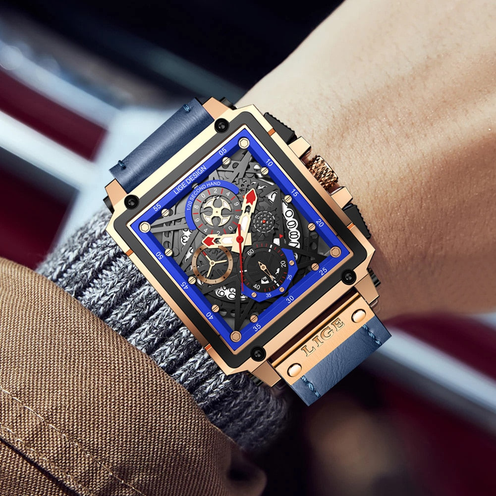 Relógio de pulso masculino luxo LIGE com design contemporâneo e mostrador detalhado em azul e dourado