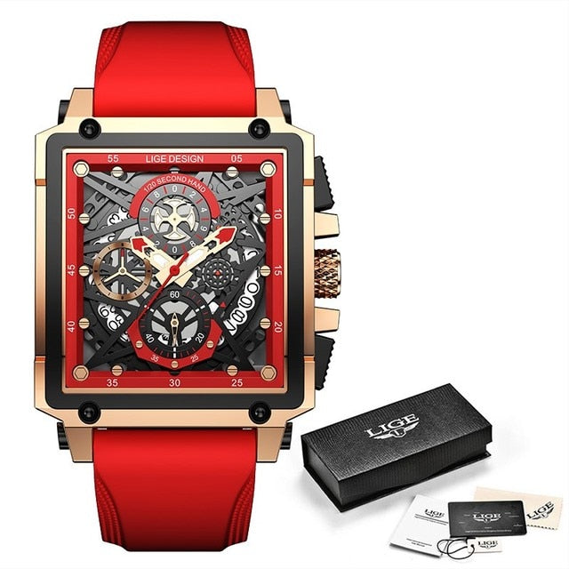 Relógio de pulso masculino luxo LIGE com design sofisticado e detalhes em vermelho