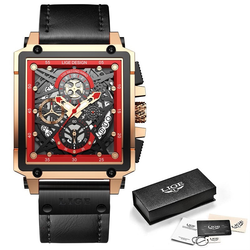 Relógio de pulso masculino luxo LIGE com design quadrado e pulseira de couro preta