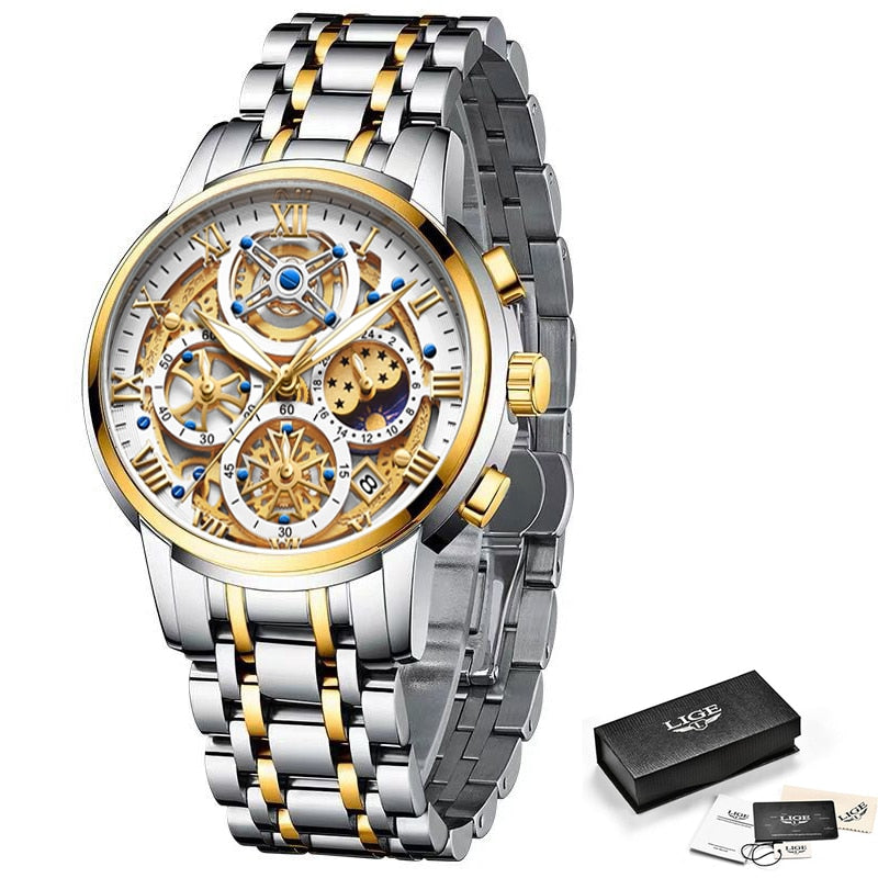 Relógio de pulso masculino premium LIGE com design sofisticado em prata e dourado, incluindo caixa original