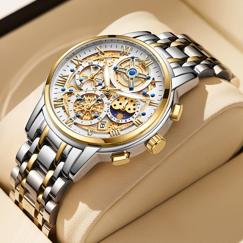 Relógio de pulso masculino premium LIGE em acabamento dourado e prateado com detalhes intricados