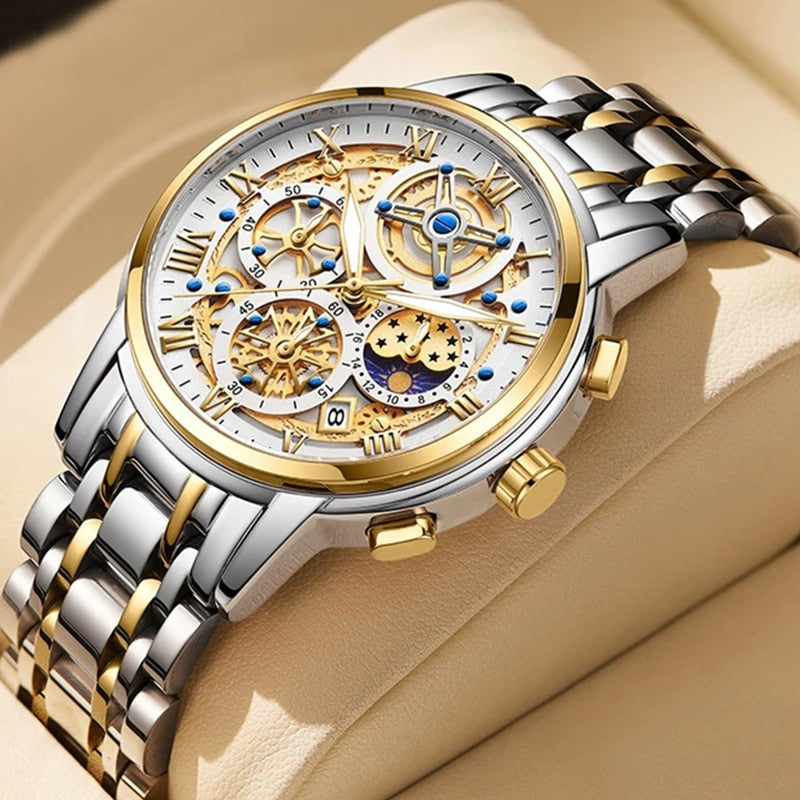 Relógio de pulso masculino premium LIGE com mostrador elegante em dourado e prateado