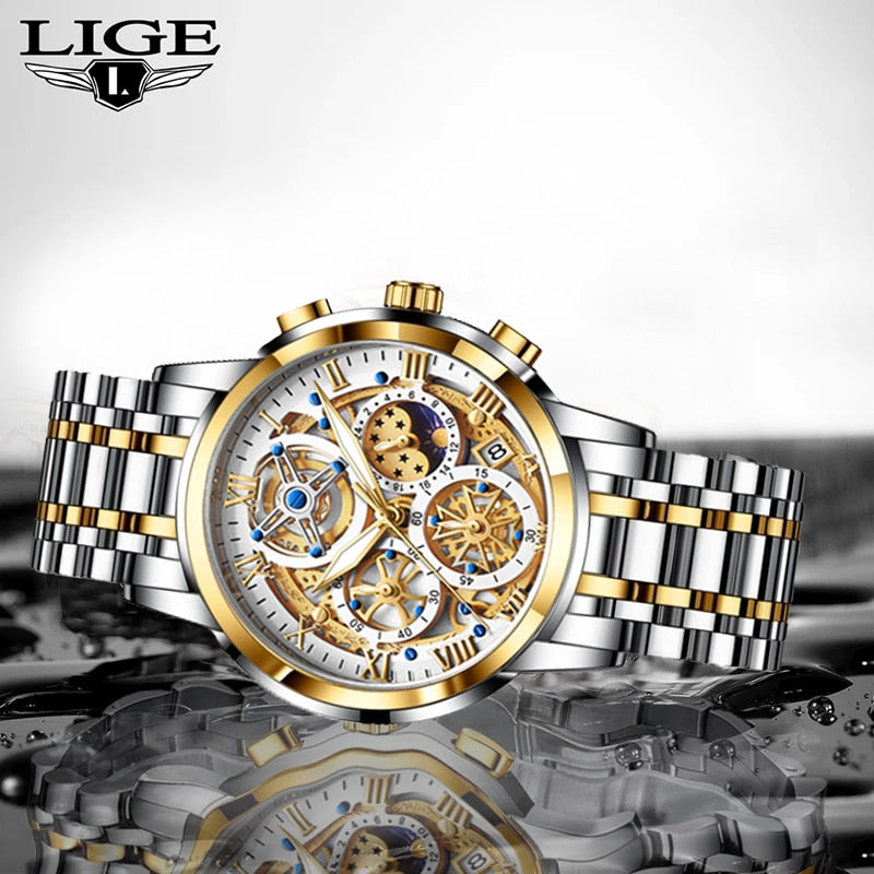 Relógio de pulso masculino premium LIGE com mostrador transparente e bracelete bicolor de aço inoxidável