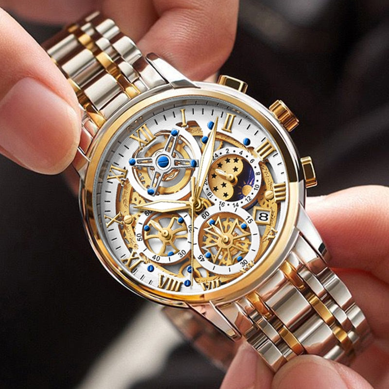 Relógio de pulso masculino premium LIGE com design sofisticado e mostrador detalhado em ouro e prata