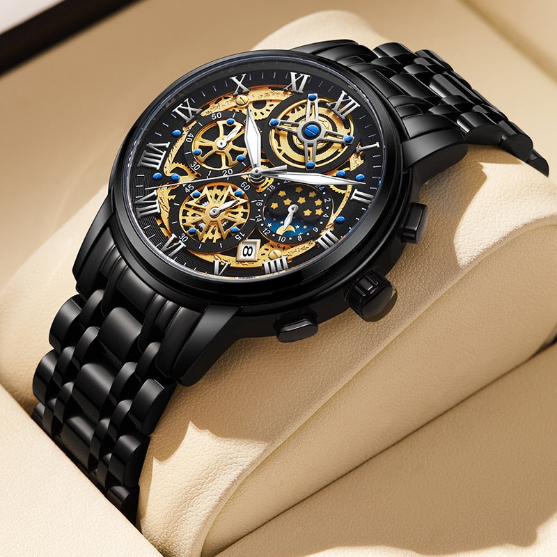 Relógio de pulso masculino premium LIGE com design sofisticado em preto e detalhes em dourado