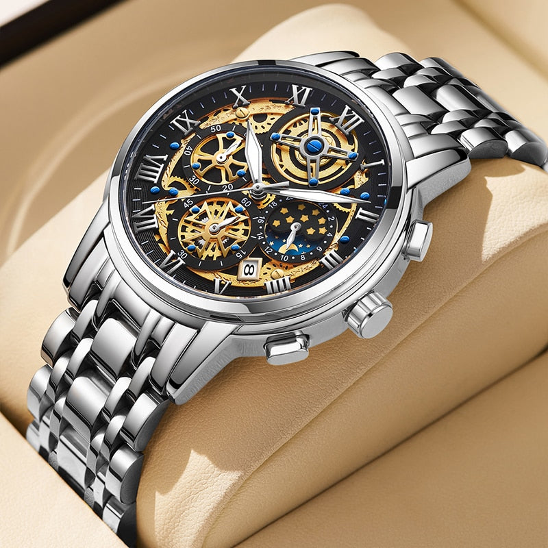 Relógio de pulso masculino premium LIGE com mostrador detalhado e pulseira de aço inoxidável