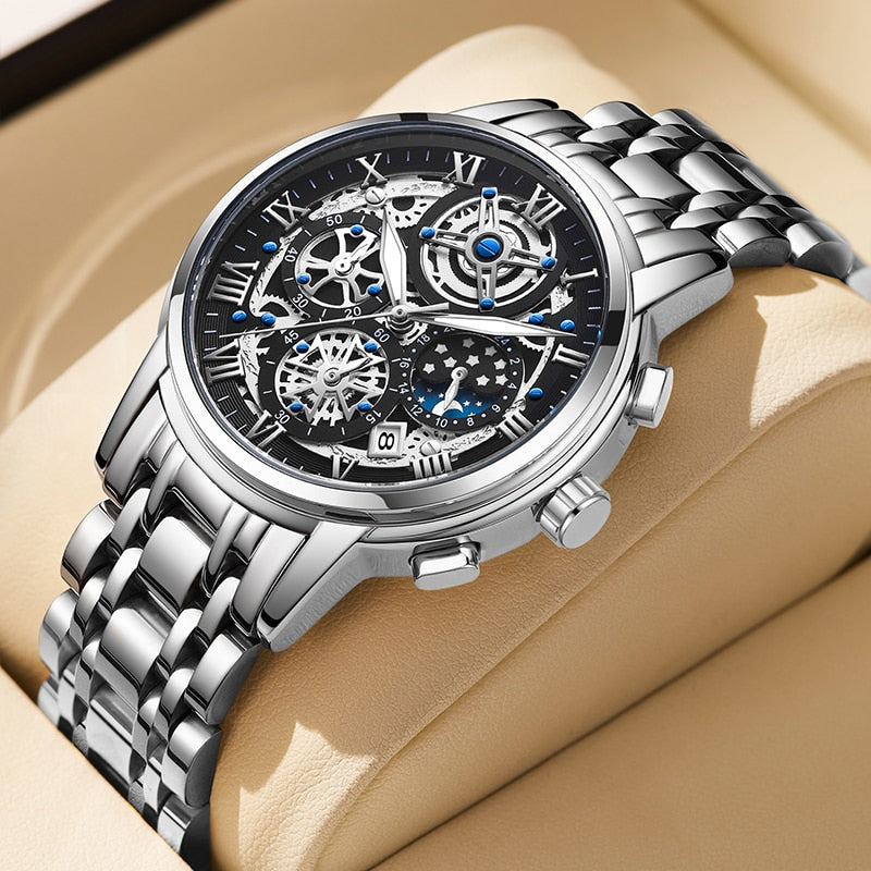 Relógio de pulso masculino premium LIGE com mostrador complexo e pulseira de metal prateada