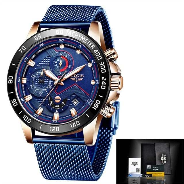Relógio de pulso militar masculino LIGE em azul com mostrador cronógrafo e pulseira de malha metálica