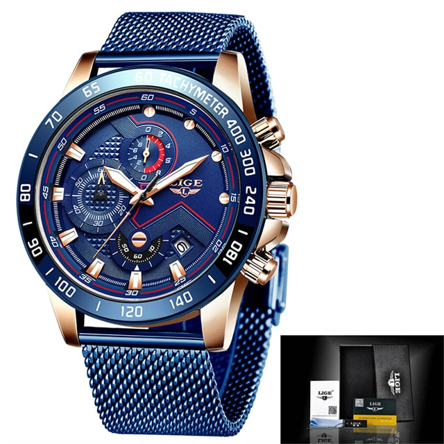 Relógio de pulso militar masculino LIGE com design azul, cronógrafo e pulseira de malha metálica