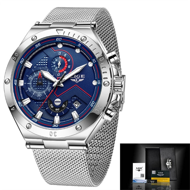 Relógio de pulso militar masculino LIGE com mostrador azul e pulseira de malha metálica elegante