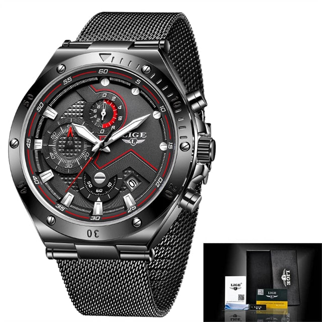 Relógio de pulso militar masculino LIGE com design moderno e pulseira de malha metálica