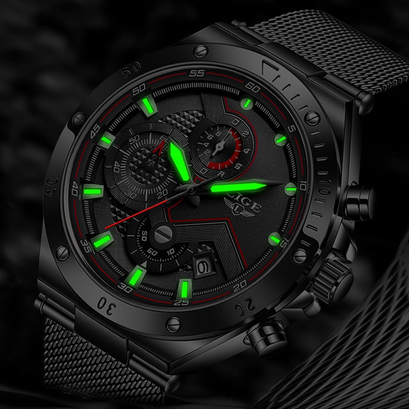 Relógio de pulso militar masculino LIGE em preto com mostrador iluminado e detalhes em vermelho