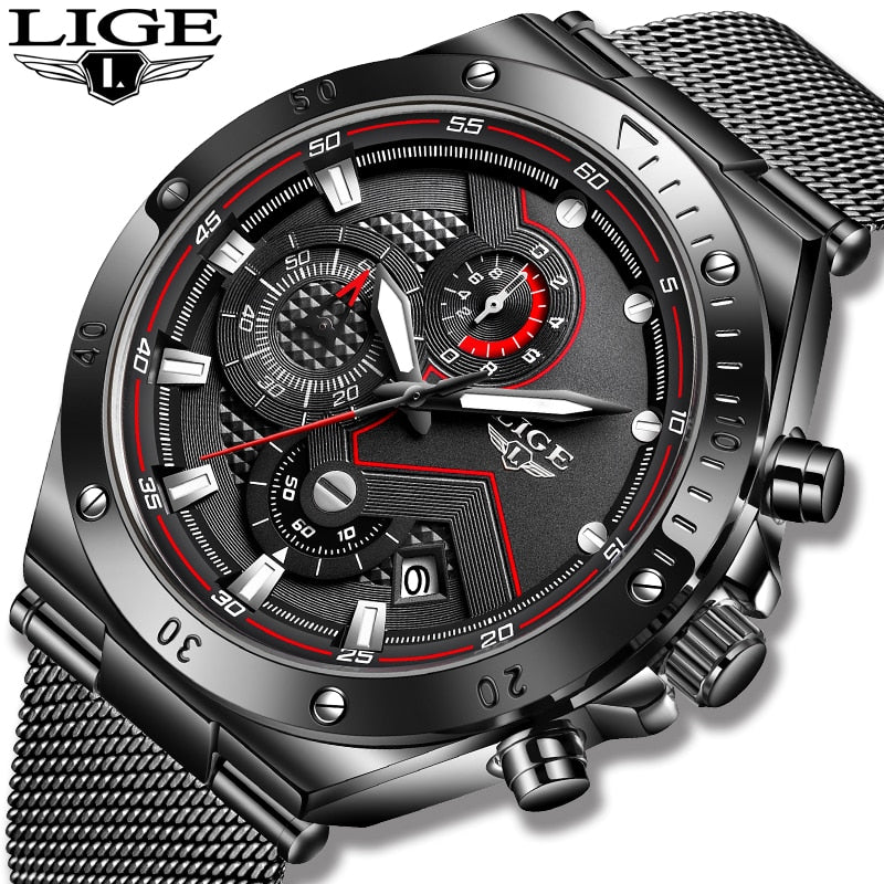 Relógio de pulso militar masculino LIGE com design sofisticado e mostrador preto detalhado