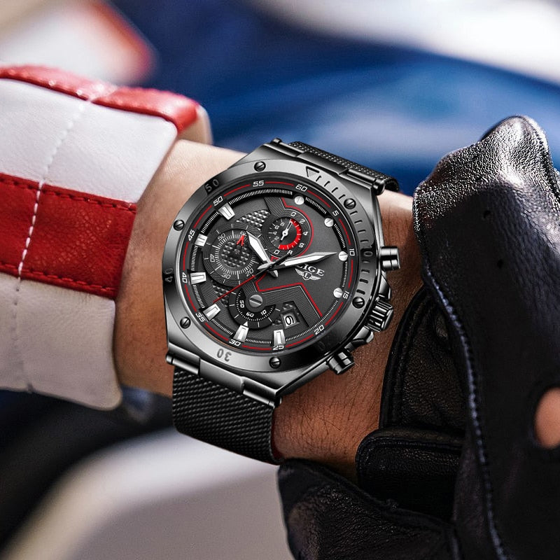 Relógio de pulso militar masculino LIGE com mostrador preto e pulseira de malha resistente