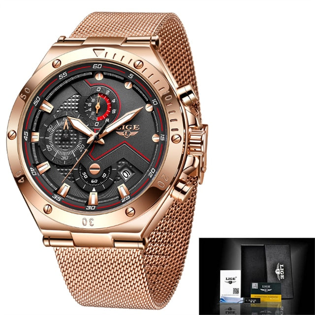 Relógio de pulso militar masculino LIGE em tom dourado com design moderno e mostrador detalhado