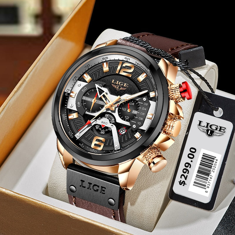 Relógio quartz top marca LIGE com mostrador preto e pulseira de couro marrom para uso esportivo masculino