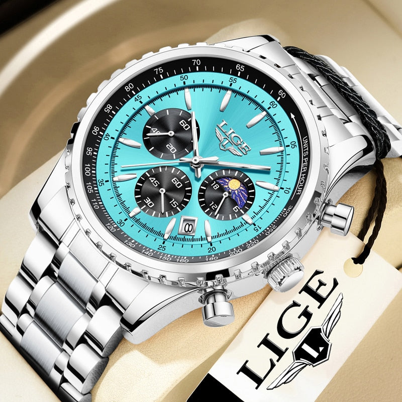 Relógio luminoso masculino da LIGE com mostrador azul e pulseira de metal prateada