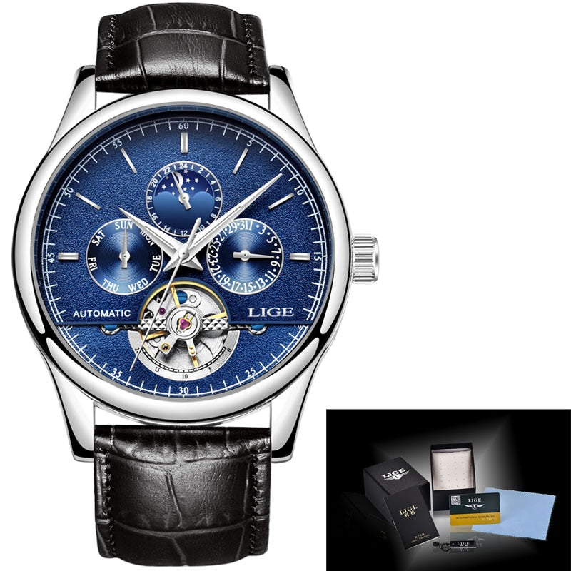 Relógio de pulso masculino LIGE em azul com mostrador sofisticado e pulseira de couro, relógio masculino moda sofisticada