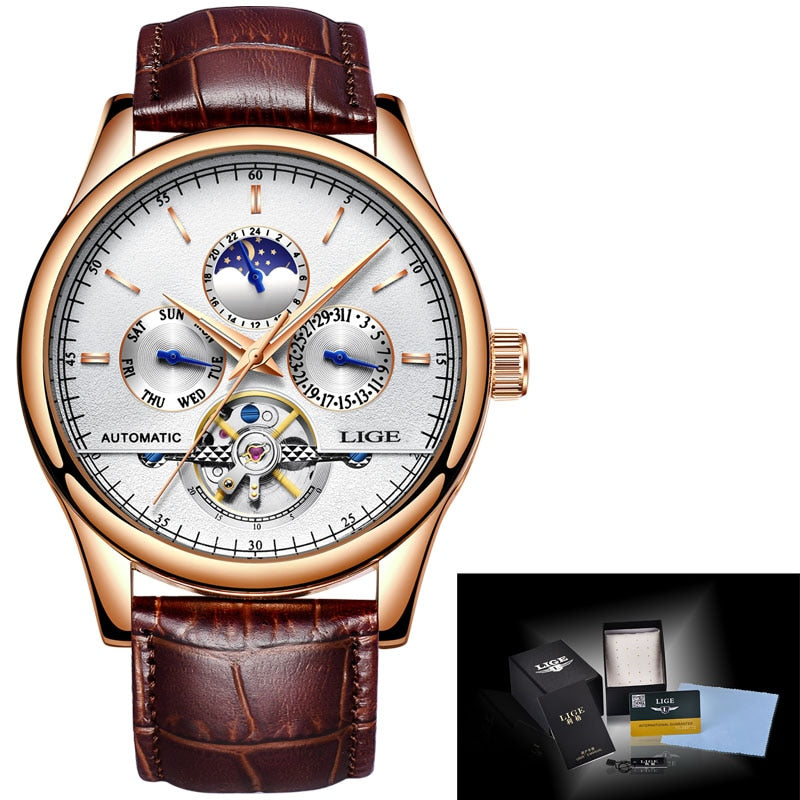Relógio masculino moda sofisticada LIGE com mostrador automático e pulseira de couro marrom