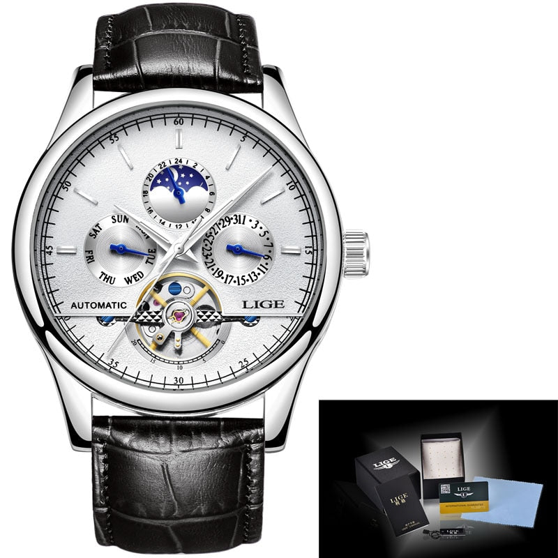 Relógio masculino moda sofisticada LIGE automático com mostrador prateado e pulseira de couro preto