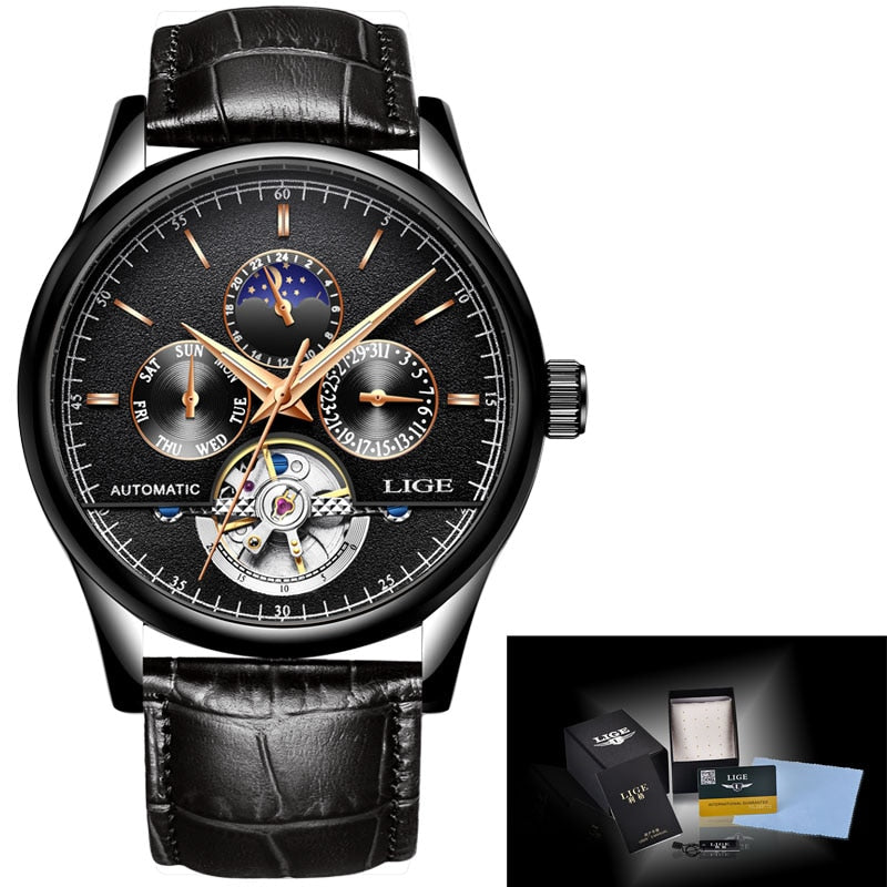 Relógio masculino moda sofisticada LIGE com mostrador automático em fundo preto e pulseira de couro
