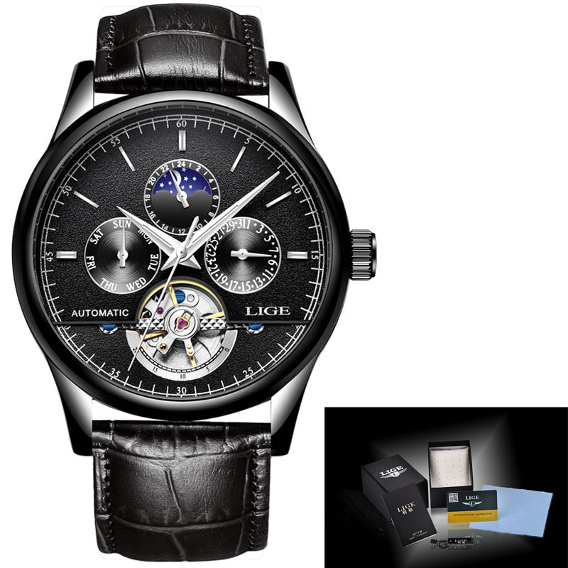 Relógio de pulso masculino LIGE mecânico automático à prova d'água com mostrador elegante e pulseira de couro.